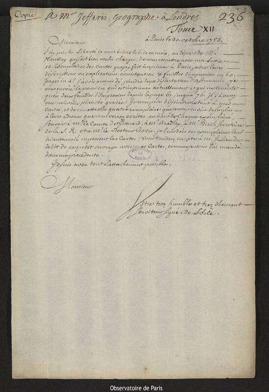 Lettre de Joseph-Nicolas Delisle à Thomas Jefferys, Paris, 30 octobre 1753