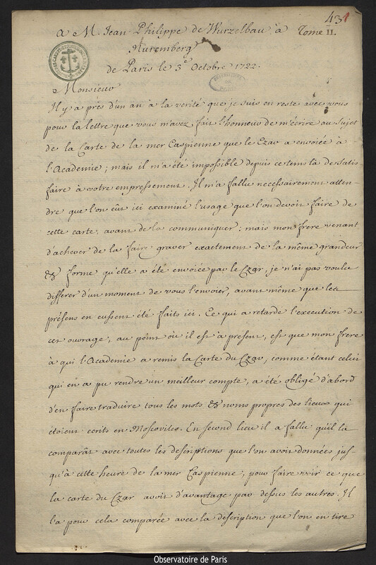 Lettre de Joseph-Nicolas Delisle à Johann Philipp von Wurzelbau, Paris, 3 octobre 1722