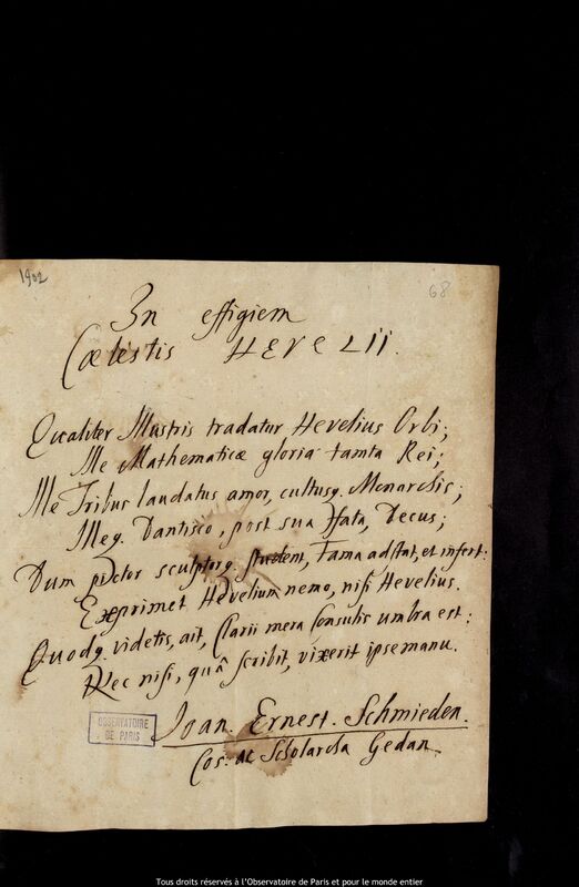 Texte manuscrit de Johann Ernst von Schmieden à Jan Heweliusz, 1678