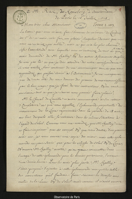 Lettre de Joseph-Nicolas Delisle à Georg Heinrich Rast, Paris, 16 juillet 1718