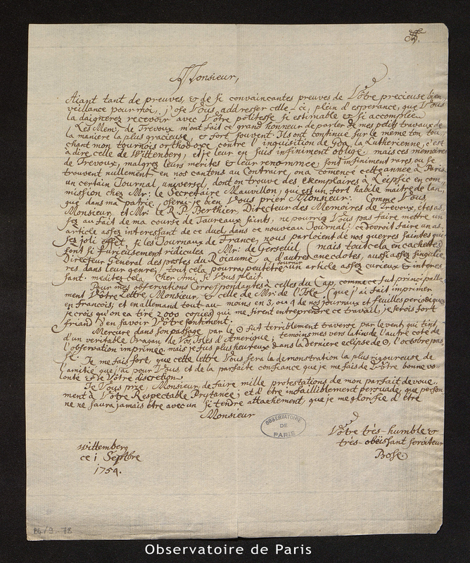 Lettre de Bose à [Bouguer], Wittemberg le 1er septembre 1754