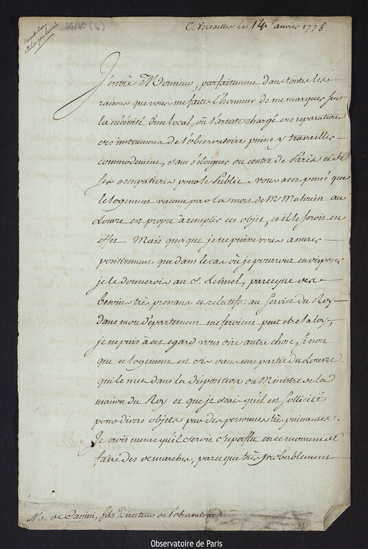 Lettre de Charles de la Billarderie, comte d'Angiviller, à Cassini IV, à Versailles le 14 janvier 1778