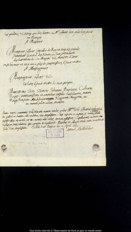 Lettre d'Ismaël Boulliau à Jan Heweliusz, Paris, 10 avril 1665