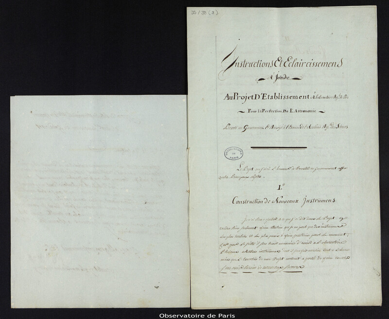 CASSINI IV. Instructions et éclaircissements à joindre au Projet d'Etablissement à l'Observatoire Royal de Paris