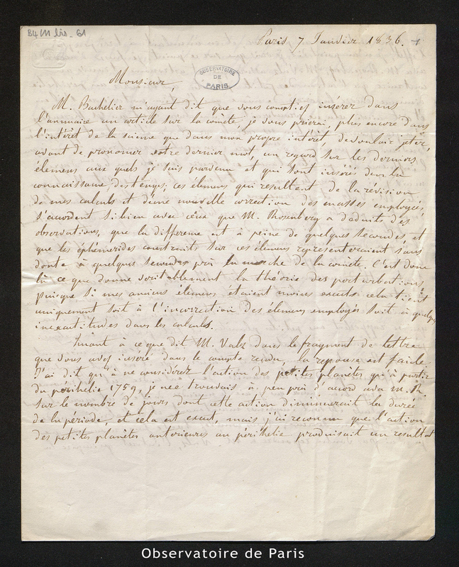 Lettre de G. de Pontecoulant à François Arago, Paris le 7 janvier 1836