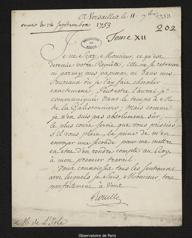 Lettre de Antoine Louis Rouillé à Joseph-Nicolas Delisle, Versailles, 11 septembre 1753