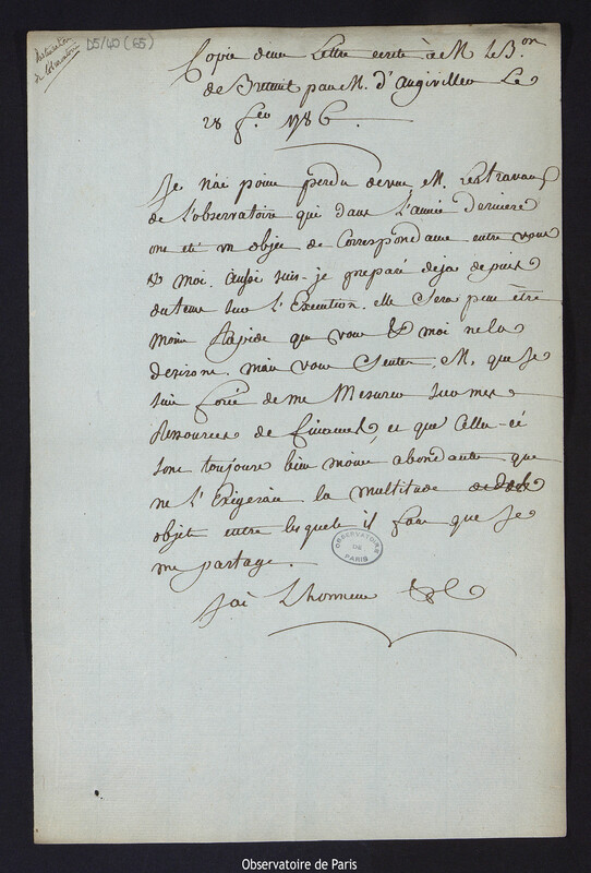 Lettre de Louis Le Tonnelier, baron de Breteuil, à Cassini IV, à Versailles en 3 mars 1786