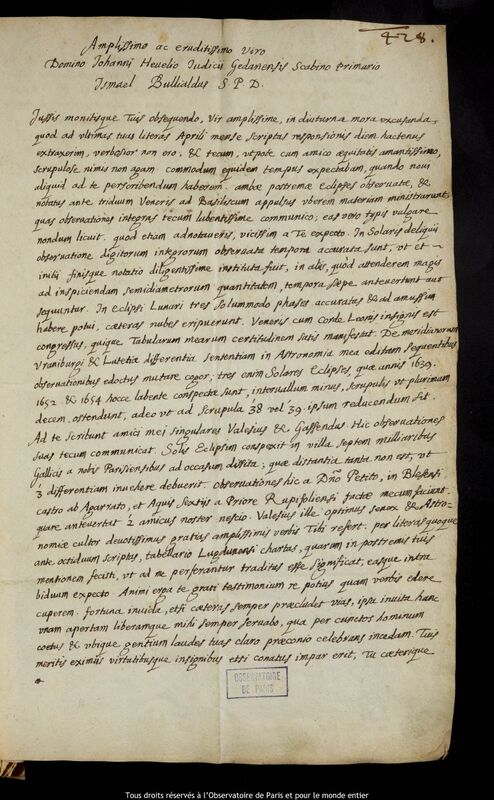 Lettre d'Ismaël Boulliau à Jan Heweliusz, Paris, 25 septembre 1654