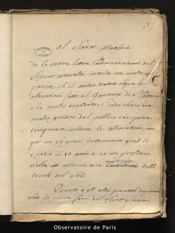 Lettre de Cassini I à Manfredi