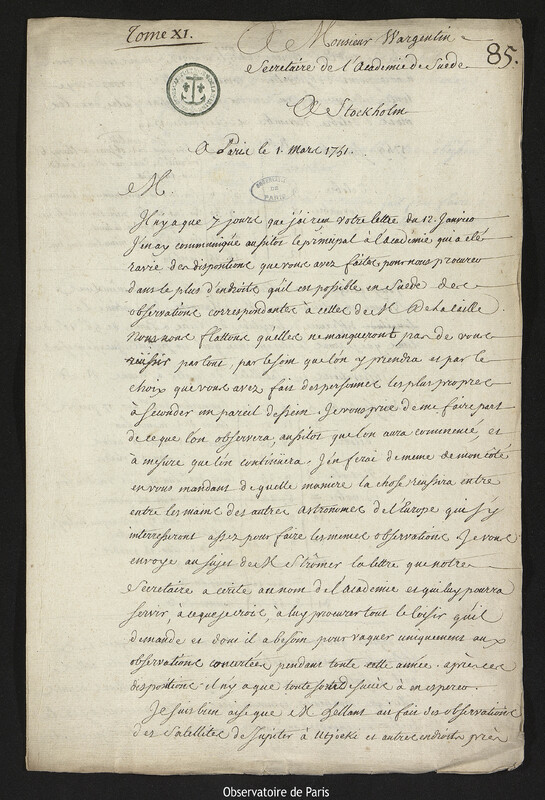 Lettre de Joseph-Nicolas Delisle à Pehr Wilhelm Wargentin, Paris, 1 mars 1751