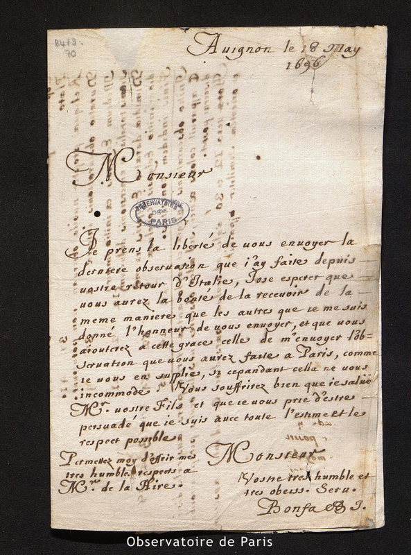 Lettre de Bonfa à Cassini [I], Avignon le 18 mai 1696