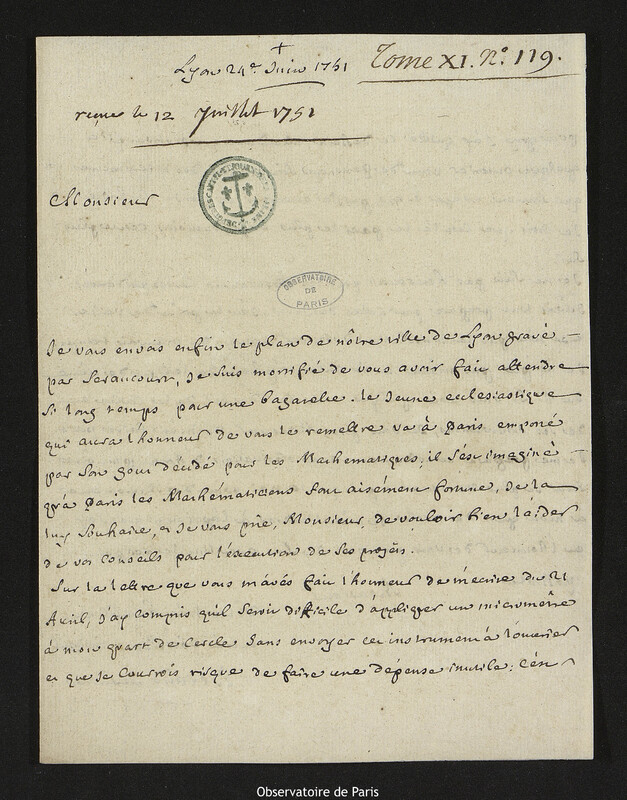 Lettre de Laurent Béraud à Joseph-Nicolas Delisle, Lyon, 24 juin 1751