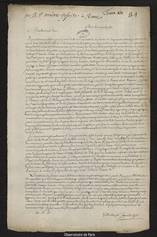 Lettre de Joseph-Nicolas Delisle à Christopher Maire, Paris, 2 avril 1753