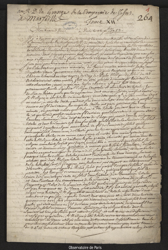 Lettre de Joseph-Nicolas Delisle à Louis Lagrange, Paris, 26 décembre 1753