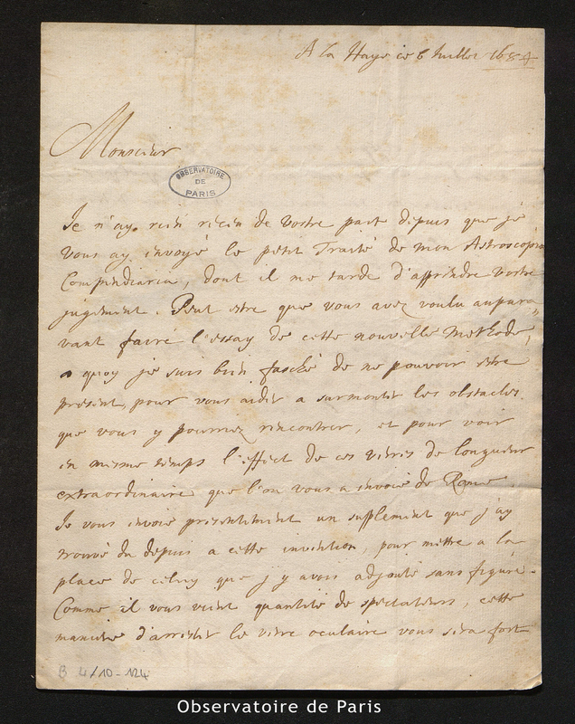 Lettre de Huygens à Cassini I, La Haye le 6 juillet 1684