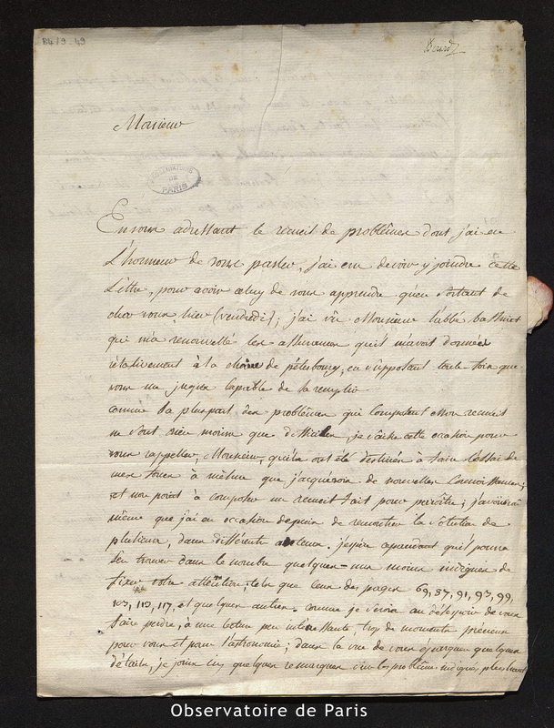 Lettre de Berard à M. le Comte de Cassini, Paris le 20 novembre