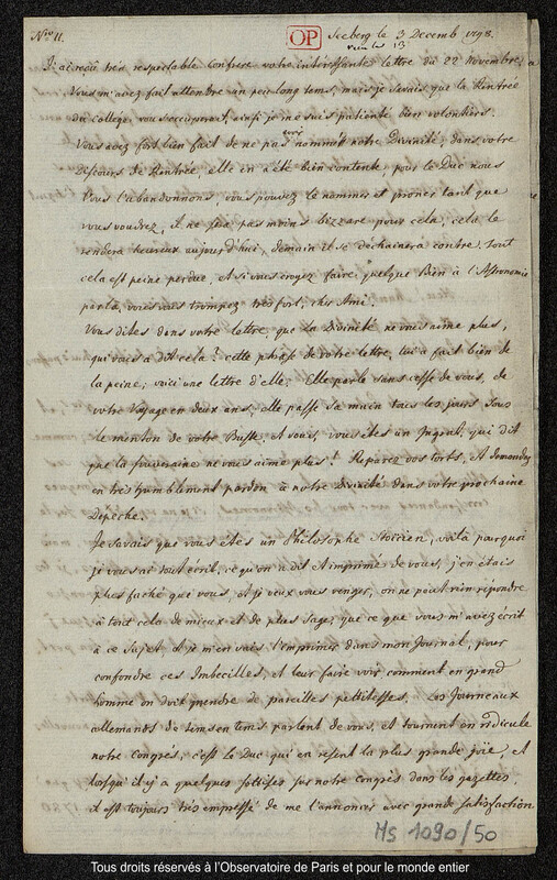 Lettre du baron Franz Xaver von Zach à Joseph Jérôme Le françois de Lalande Seeberg, 3 décembre 1798