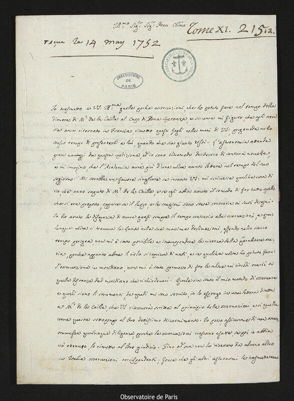 Lettre d'Eustachio Zanotti à Joseph-Nicolas Delisle, Bologne, 15 mars 1752