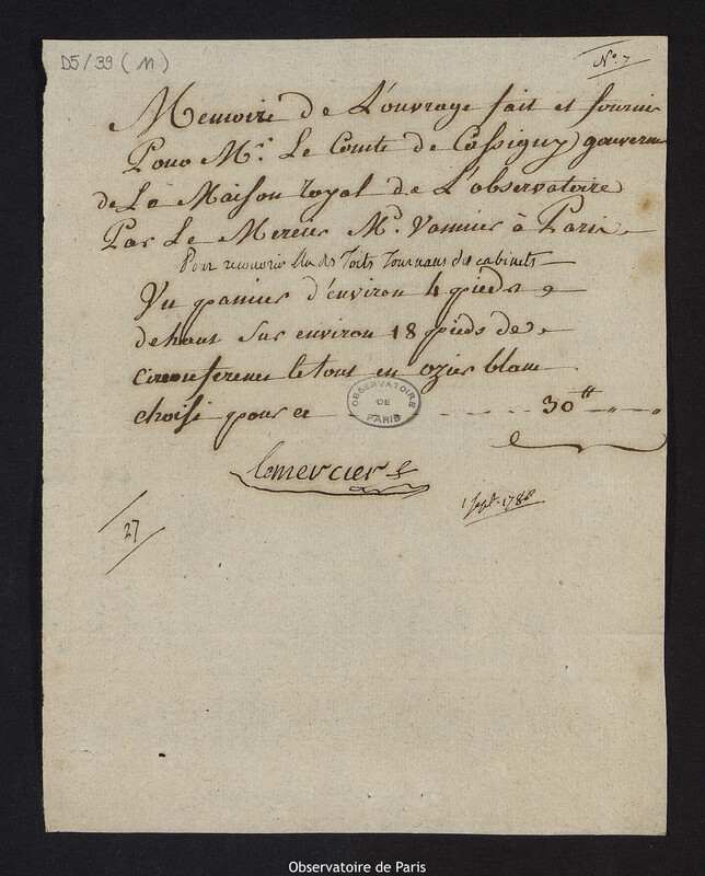 Mémoire de l'ouvrage fait et founi pour Mr le Comte de Cassini gouverneur de la Maison Royal de l'Observatoire par Lemercier maître vannier à Paris