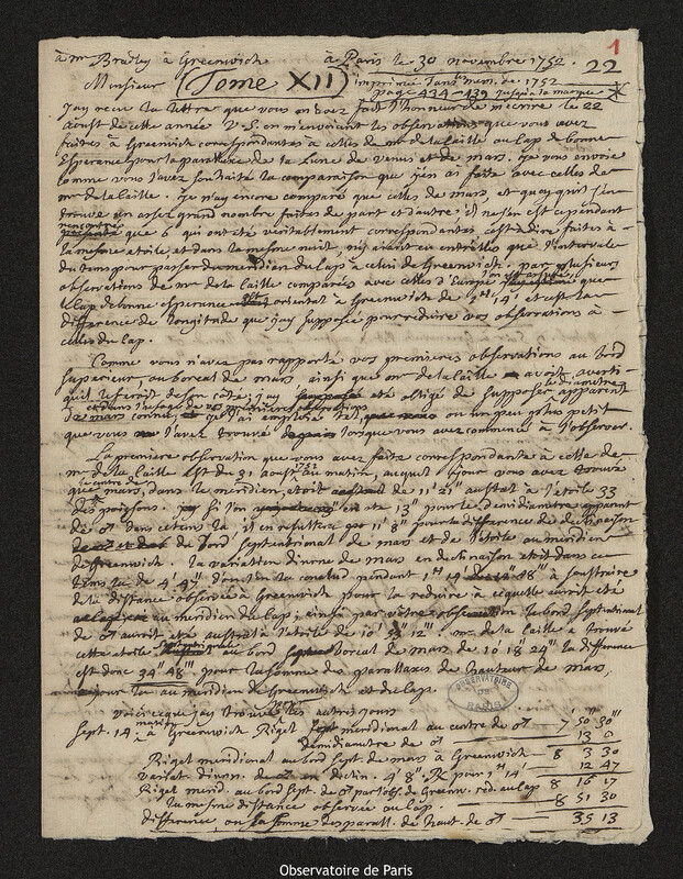 Lettre de Joseph-Nicolas Delisle à James Bradley, Paris, 30 novembre 1752