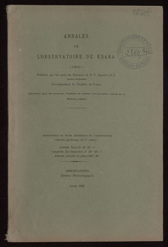 (1925) Annales de l'Observatoire de Ksara (Liban). Observations (Section Météorologique)