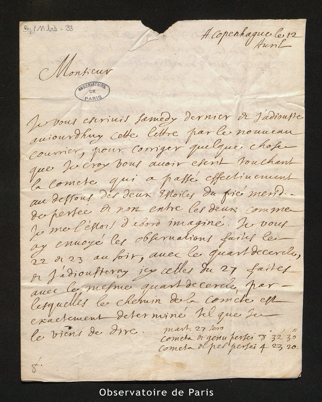 Lettre de Picard à Cassini I, Copenhague le 12 avril 1672