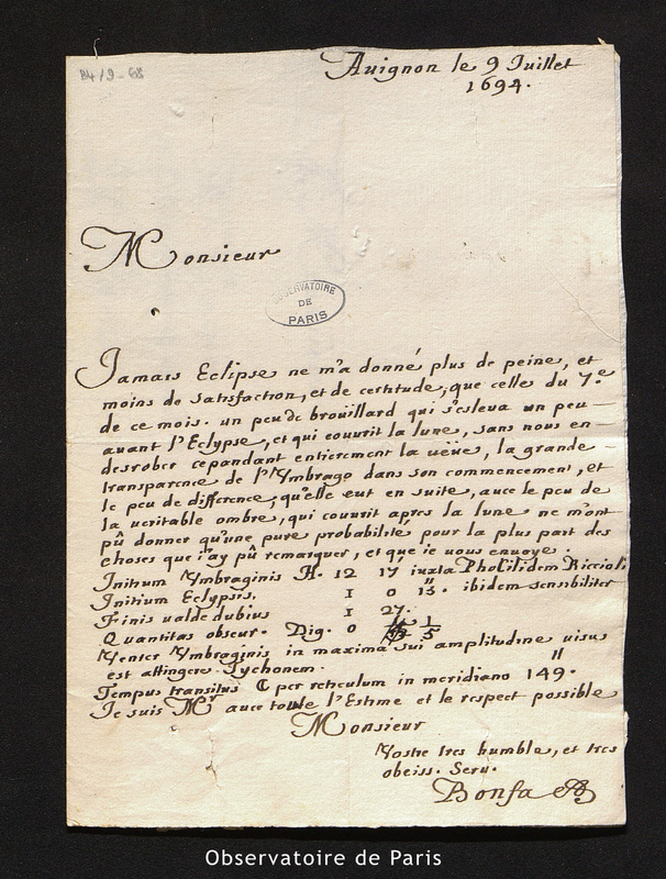 Lettre de Bonfa à Cassini [I], Avignon le 9 juillet 1694