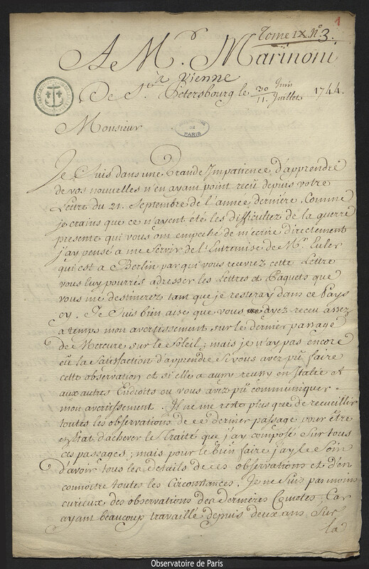 Lettre de Joseph-Nicolas Delisle à Giovanni Giacomo Marinoni, Saint-Pétersbourg, 11 juillet 1744