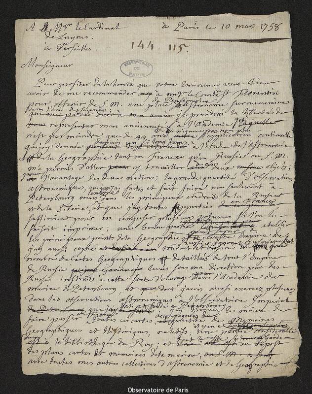 Lettre de Joseph-Nicolas Delisle à Paul d'Albert de Luynes, Paris, 10 mars 1758