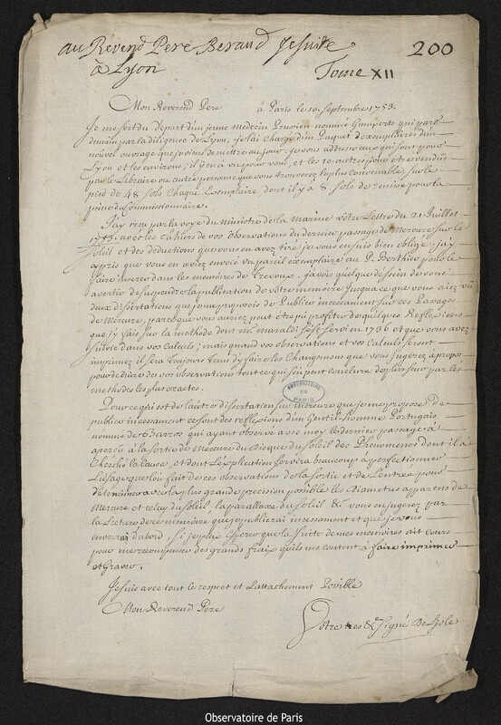 Lettre de Joseph-Nicolas Delisle à Laurent Béraud, Paris, 10 septembre 1753