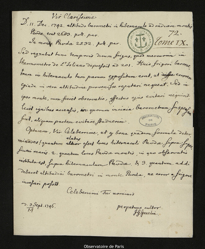 Lettre de Johann Georg Gmelin à Joseph-Nicolas Delisle, Saint-Pétersbourg, 14 septembre 1746