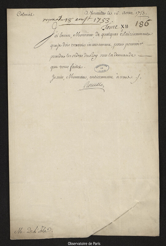 Lettre de Antoine Louis Rouillé à Joseph-Nicolas Delisle, Versailles, 16 août 1753