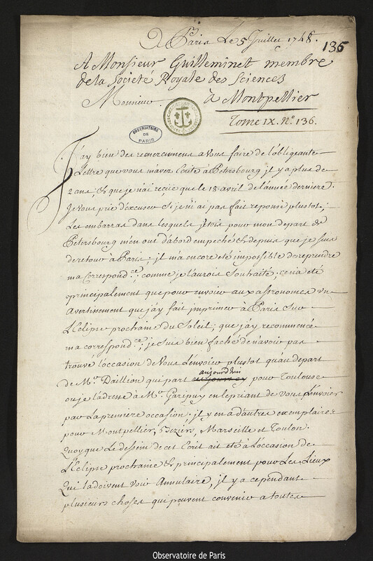 Lettre de Joseph-Nicolas Delisle à Pierre-François de Guilleminet, Paris, 5 juillet 1748