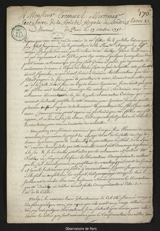 Lettre de Joseph-Nicolas Delisle à Cromwell Mortimer, Paris, 13 octobre 1751