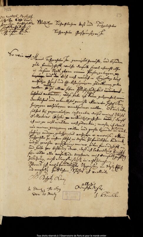 Lettre de Jan Heweliusz à Bartholomaeus Francke, Gdansk, 15 mars 1679