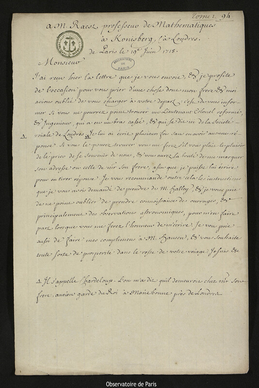 Lettre de Joseph-Nicolas Delisle à Georg Heinrich Rast, Paris, 19 juin 1718