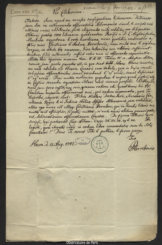 Lettre de Peder Horrebow à Joseph-Nicolas Delisle, Copenhague, 13 août 1742