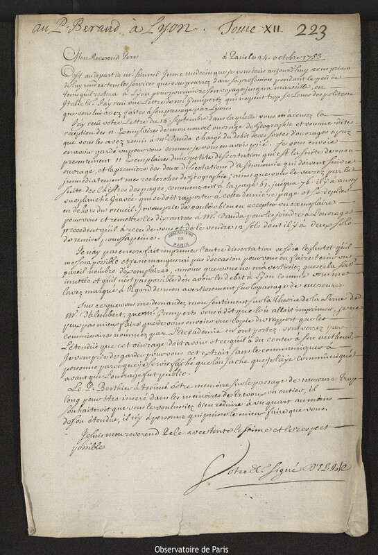 Lettre de Joseph-Nicolas Delisle à Laurent Béraud, Paris, 24 octobre 1753