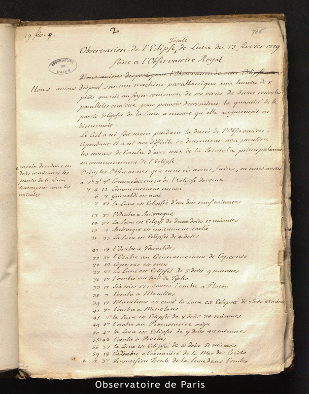 CASSINI II. Observations de l'éclipse totale de Lune du 13 février 1729 faite à l'Observatoire Royal