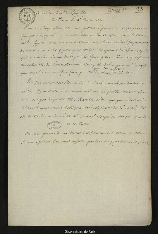 Lettre de Joseph-Nicolas Delisle à Jacques d'Allonville de Louville, Paris, 9 août 1721