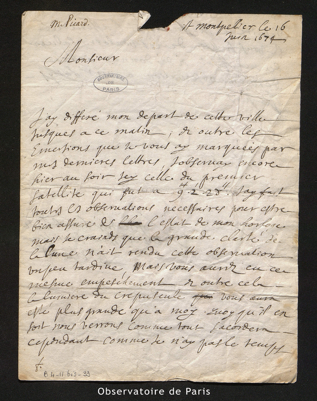 Lettre de Picard à Cassini I, Montpellier le 16 juin 1674