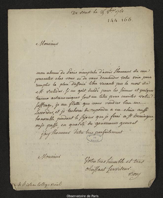 Lettre de Gabriel de Bory à Joseph-Nicolas Delisle, Brest, 25 octobre 1761