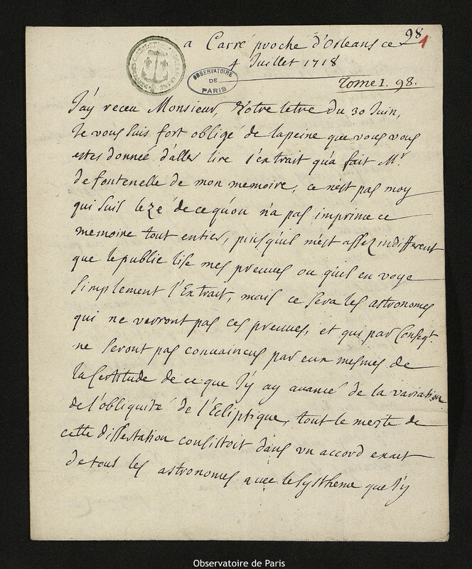 Lettre de Jacques d'Allonville de Louville à Joseph-Nicolas Delisle, Lieu-dit Le Clos du Petit Carré, 4 juillet 1718