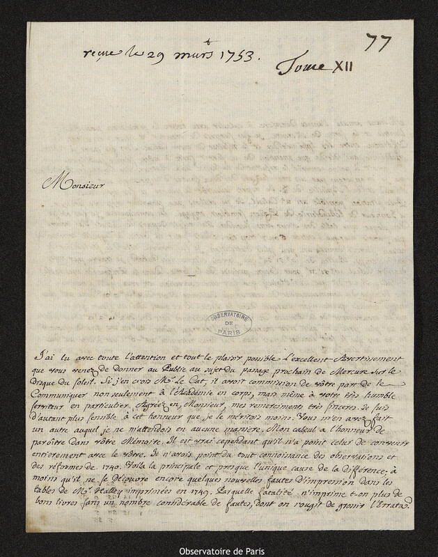 Lettre de Alexandre-Gui Pingré à Joseph-Nicolas Delisle, Rouen, 28 mars 1753