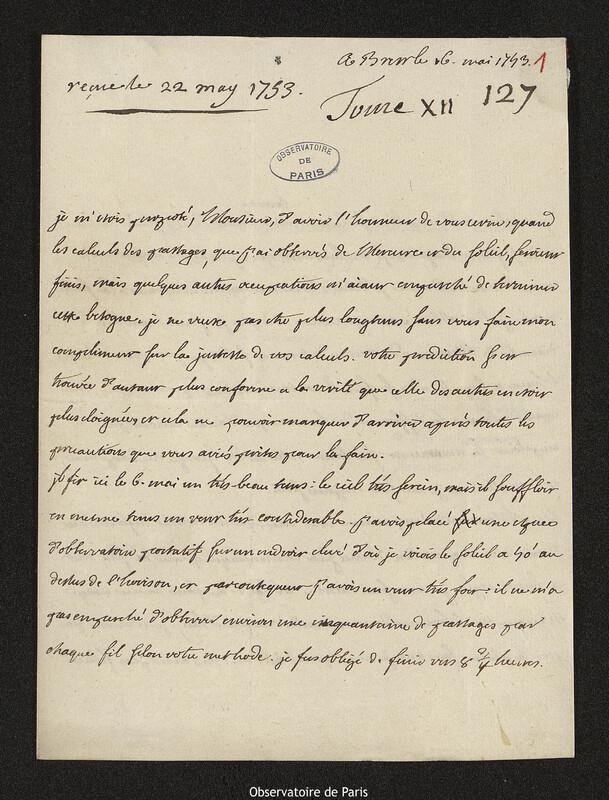 Lettre de Gabriel de Bory à Joseph-Nicolas Delisle, Brest, 16 mai 1753