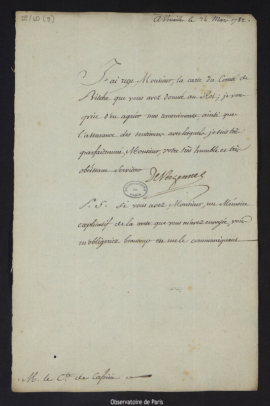 Lettre de Charles Gravier, comte de Vergennes, à Cassini IV, à Versailles le 24 mars 1782