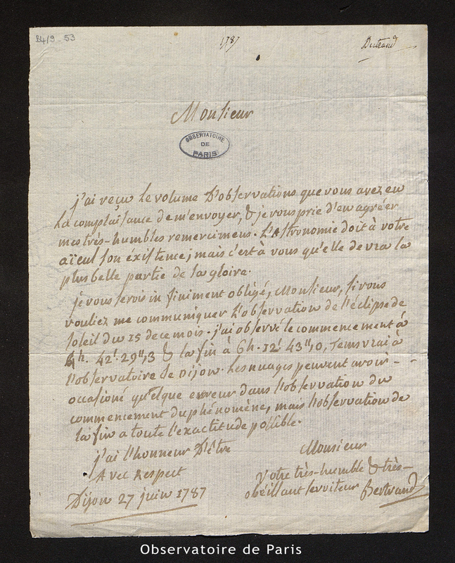 Lettre de Bertrand à Cassini IV, Dijon le 27 juin 1787