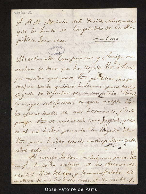 Lettre de Gabriel Ciscar à Méchain, Carthagène (Espagne) le 28 avril 1804