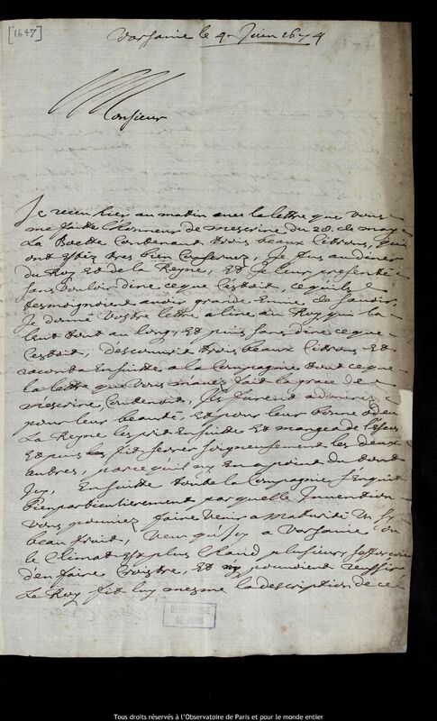 Lettre de Pierre Des Noyers à Jan Heweliusz, Varsovie, 4 juin 1674