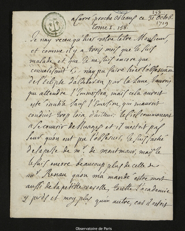 Lettre de Jacques d'Allonville de Louville à Joseph-Nicolas Delisle, Lieu-dit Le Clos du Petit Carré, 31 octobre 1719